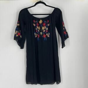 Rebellion Again Embroidered Black Gauze Boho Tunic Top  Women’s Medium